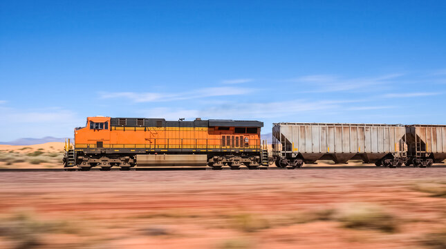 Freight Train in the Desert: An orange locomotive pulls a line of freight cars across a vast, arid desert landscape under a clear blue sky.