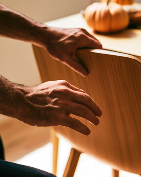 Autumn dinner table seating close up showing adult hands adjusting modern wooden dining chair beside harvest table with warm natural light and headless framing for authentic detail