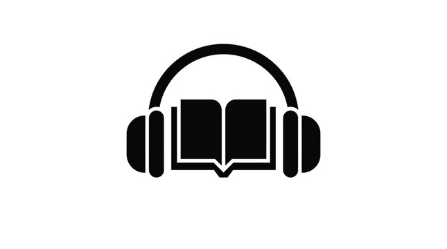 Minimalist black icon featuring stylized open book inside headphones represents modern audiobook education and digital literature for global student learning