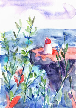 Carry-le-Rouet Mediterranean Lighthouse on the French Riviera, Hand-Painted Watercolor
