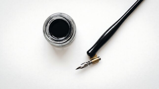 Fountain pen nib pointing toward an open glass jar filled with black ink on a white paper surface writing instrument calligraphy pen ink bottle art supply flat lay