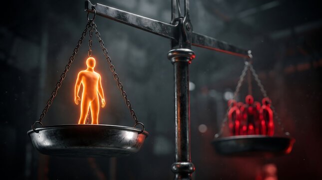 Glowing Human Figure and Red Crowd Balanced on Scales, Concept of Justice, Equality, Individuality, Social Pressure and Moral Choice in a Dark Dramatic Scene