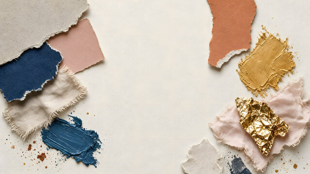 Clean flat lay of abstract design materials with torn paper, acrylic textures and soft metallic foil, natural imperfections