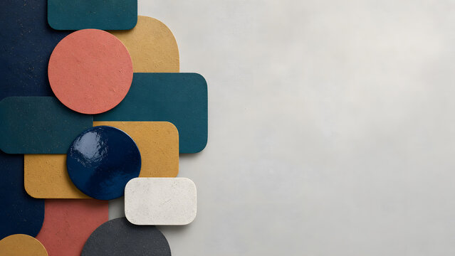 Soft imperfect geometric abstract background with matte and glossy textures, film grain and generous negative space