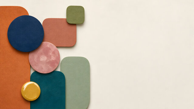 Soft imperfect geometric abstract background with matte and glossy textures, film grain and generous negative space