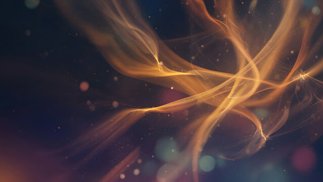 Elegant abstract light streaks and glowing particles with organic flow, film grain and clean breathing space