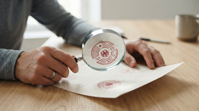 Concept stock photo of a hand holding a magnifying glass over a document with a red security stamp. Close-up of verification process, counterfeit check, and authentication design.