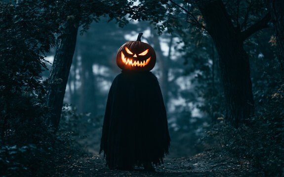 Spooky Halloween pumpkin head figure with glowing face in dark eerie forest at night