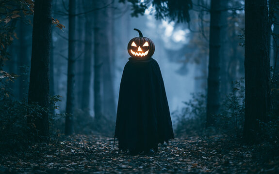 Spooky Halloween pumpkin head figure with glowing face in dark eerie forest at night