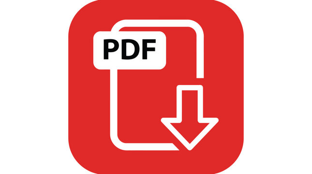 Bright red icon featuring white paper document with bold PDF lettering and large download arrow symbol