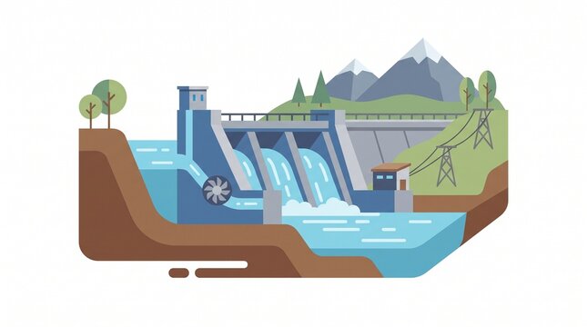 Hydroelectric dam generating clean energy with flowing water and power lines in a mountainous landscape