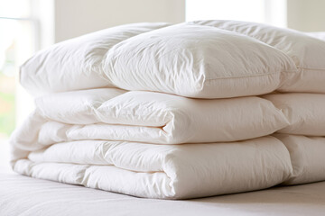 Naklejka premium White folded blanket stack showcasing fluffy quilted comforter layers, soft fabric texture, stitched detail, and bright home bedroom styling with shallow focus and clean background