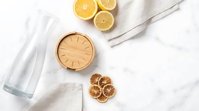 A top-down view of a clear water carafe and a wooden coaster as hydration reminder signs for healthy daily water intake habits on a white marble surface.