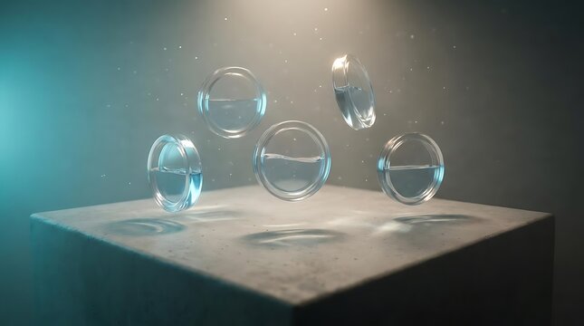 Hydration reminder signs concept featuring floating glass orbs filled with water hovering above a concrete pedestal as a metaphorical wellness graphic