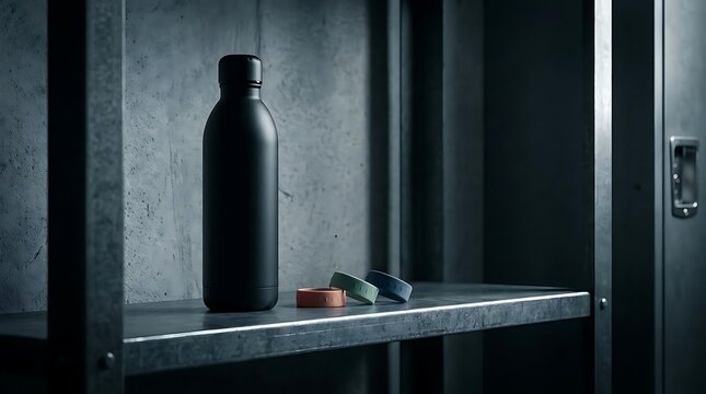 A sleek matte black water bottle stands on a metal shelf as a hydration reminder signs accessory, featuring colorful silicone rings for daily habit tracking.