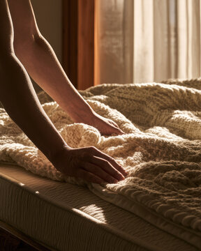 Adult hands smoothing textured blanket over mattress in warm sunlight, creating calm domestic bedding scene