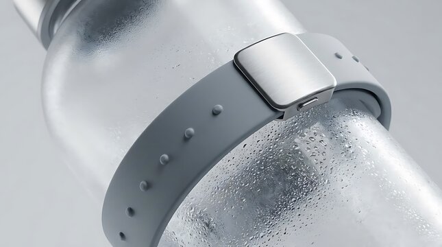 A close-up view of a smart silicone watch band wrapped around a cold water bottle to serve as one of the effective hydration reminder signs for wellness