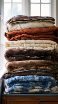 Folded winter blanket stack showing organized thick duvets and throws inside bright linen closet with natural daylight and generous copy space for home storage design