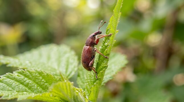 Macro Side View Photograph Of Reddish Brown Weevil Beetle Climbing On Fresh Green Plant Leaves Natural Fauna Concept Background weevil beetle macro photograph green leaves side view reddish brown