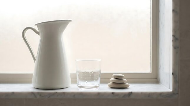 A serene hydration reminder signs concept with a minimalist white pitcher and glass of water on a bright marble windowsill featuring stack of stones