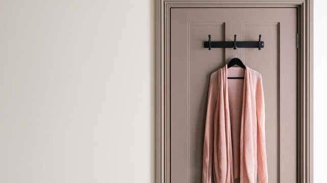 Hanging clothes over door with matte black hook rack and pastel cardigan against painted wooden door, soft studio lighting creating calm minimalist interior