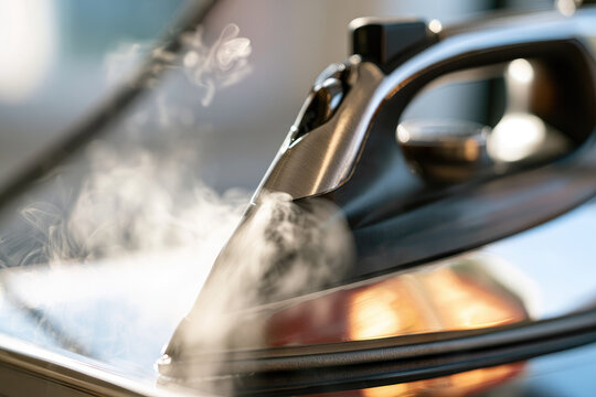 Ironing vertical steam press stainless steel nozzle emitting gentle vapor over fabric, with sharp mechanical detail, warm reflection, shallow focus, and bright home setting