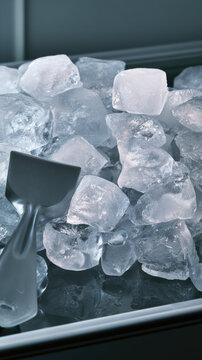 Defrosting ice scraper beside melting ice chunks inside domestic freezer shelf under soft natural light with ample copy space, clean texture and balanced vertical composition for household content