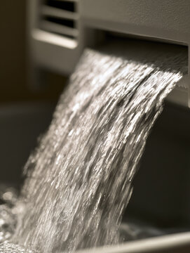 Emptying water tank with smooth laminar stream highlighting harvested moisture, crisp natural light, selective focus, humidity control, purification, refreshing home comfort