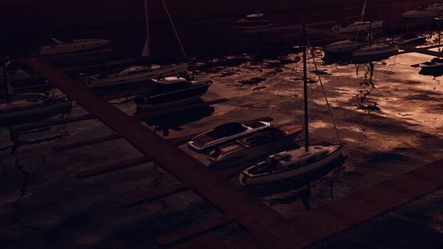 Multiple boats are docked at a marina near the shore. The sun is setting in the sky, casting reflections on the dark water. The scene shows tranquility around the resting boats.