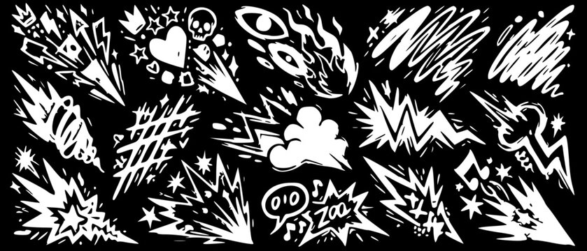 Dynamic white action comic doodle elements and explosion effects set on black background with white symbols explosions collection elements graphics decoration abstract creativity