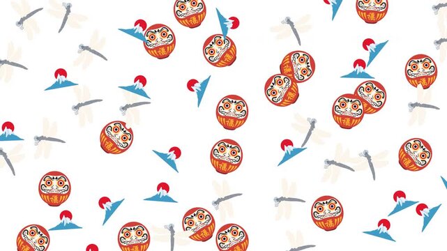 Traditional Japanese pattern with Daruma dolls, Mount Fuji, and dragonflies on white background