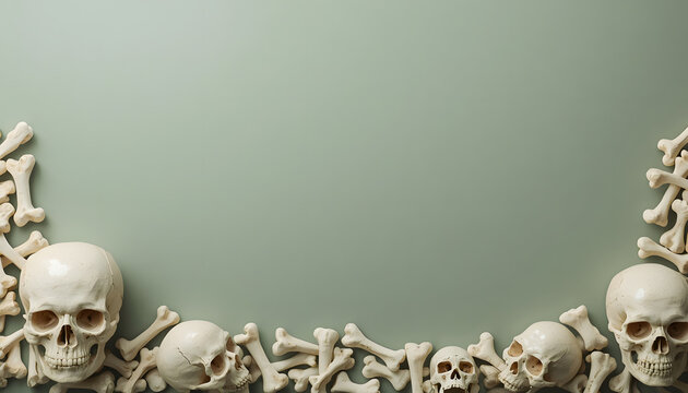Realistic 3D skulls and bones bottom border on sage green background with wide copy space