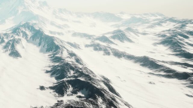 The scene shows a wide view of a snowy mountain range during winter. The snow covers the ground and the peaks, creating a white landscape. Shadows form on the slopes.