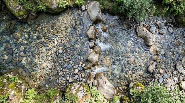 Aerial Top Down Perspective of Transparent Stream Water Cascading Gently over Smooth Riverbed Pebbles and Natural Stone Boulders water river stream stones pebbles boulders natural flow nature