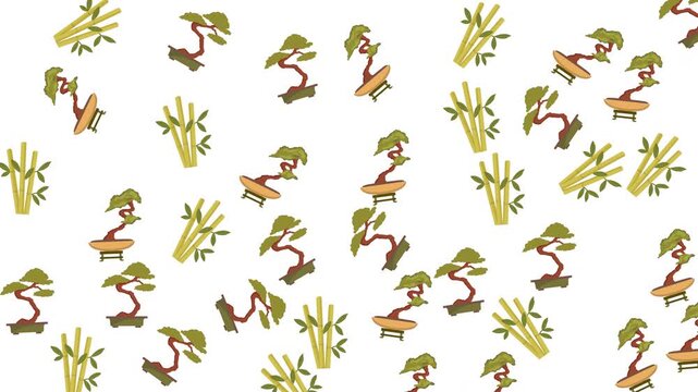 Japanese pattern with bonsai trees and bamboo stalks on white background