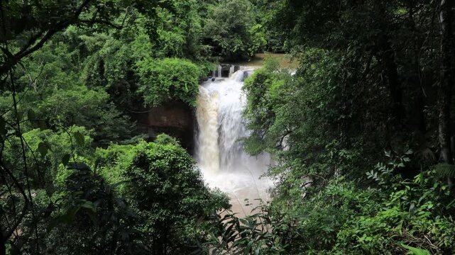 The beautiful nature backdrop of the Haew Narok waterfall in Khao Yai National Park is a stunning feature of the forest and a popular destination for tourists.