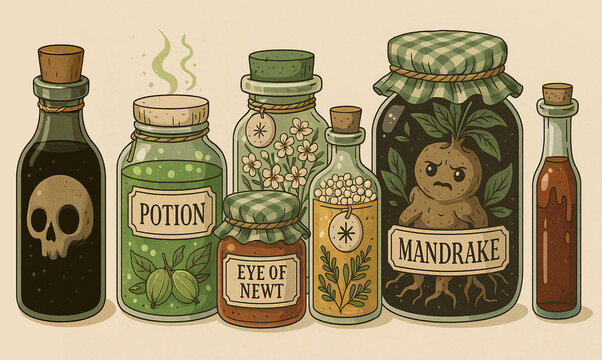 A whimsical vintage-style illustration of potion bottles, herbal jars, a skull and a mysterious mandrake preserved in glass containers. Muted green, brown and beige tones create an antique apothecary 