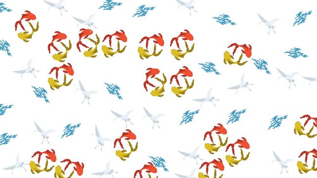 Traditional Japanese pattern featuring koi fish and cranes on white background for textile design