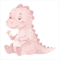 Fototapeta premium Cute Allosaurus Sitting Sleepy and Holding a Flower, Pastel Pink Watercolor Dinosaur, Flat Vector Illustration Isolated on White Background 