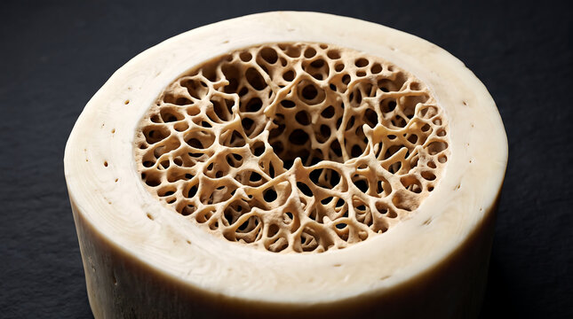 Cross section of human femur bone showing spongy trabecular tissue and dense cortical bone