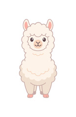 Fototapeta premium Cute fluffy white alpaca standing on a white background, cartoon style