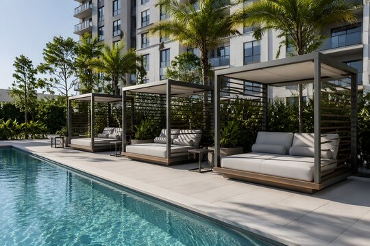 Apartment Pool Cabanas With Minimalist Shade Structures Cushions And Landscaping Premium Real Estate Marketing Visual