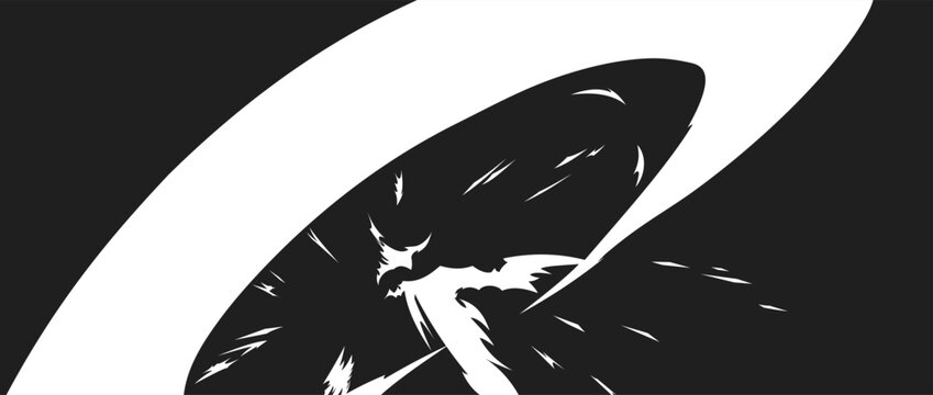Dynamic black and white manga impact burst with a sweeping curved arc, sharp central explosion and powerful directional streaks, creating a dramatic sense of speed, motion, force and energy for animev
