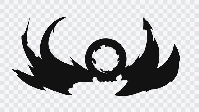 Black silhouette of a dynamic circular energy burst with sharp flame-like spikes and a central ring. Bold anime and manga-inspired abstract graphic symbolizing power, energy, motion, impact.