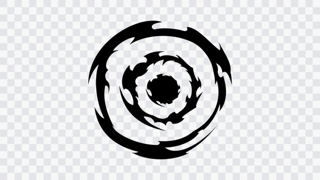 Bold black abstract circular swirl with sharp flame-like shapes and a strong central core, creating a dynamic manga inspired energy effect for anime, comic, action and graphic design projects.