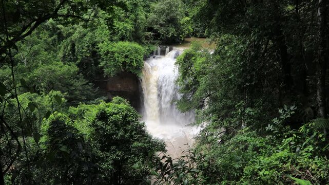 The beautiful nature backdrop of the Haew Narok waterfall in Khao Yai National Park is a stunning feature of the forest and a popular destination for tourists.