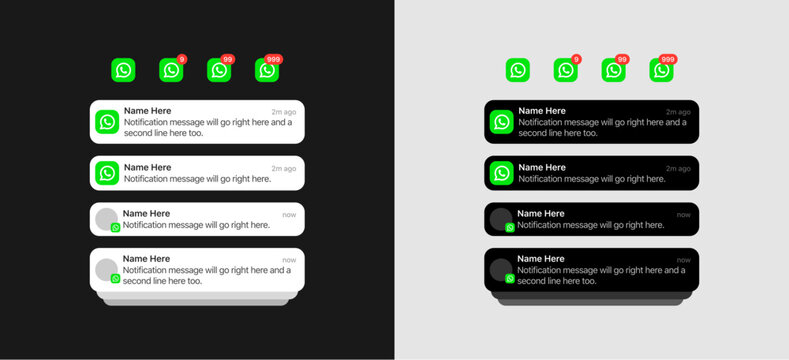 WhatsApp push notification on iOS. UI banners in four different styles. and WhatsApp app logo with one, two and three digit indicators. light and dark modes.