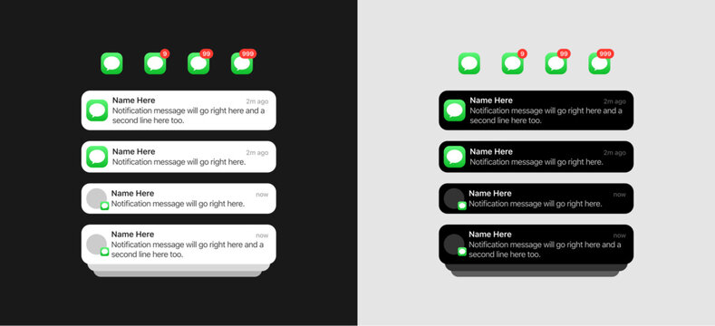 iMessage push notification on iOS. UI banners in four different styles. and iMessage app logo with one, two and three digit indicators. light and dark modes.