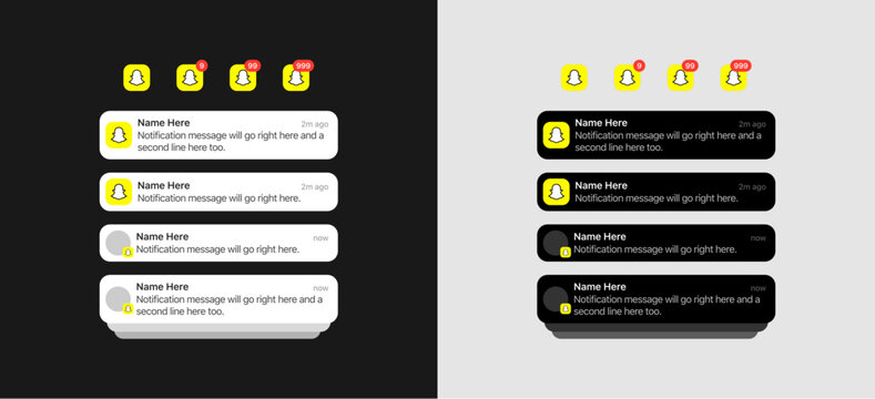 Snapchat push notification on iOS. UI banners in four different styles. and Snapchat  app logo with one, two and three digit indicators. light and dark modes.