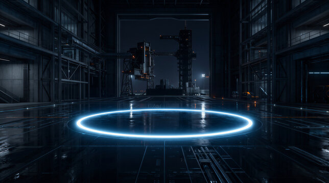 Futuristic industrial hangar with a glowing blue circle on the floor